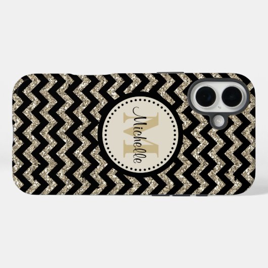 Coques Case-Mate iPhone Noir Chevron Silver Monogramme or (Verso (horizontal))