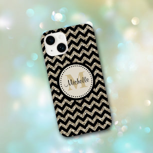 Coque Pour iPhone 14 Noir Chevron Silver Monogramme or