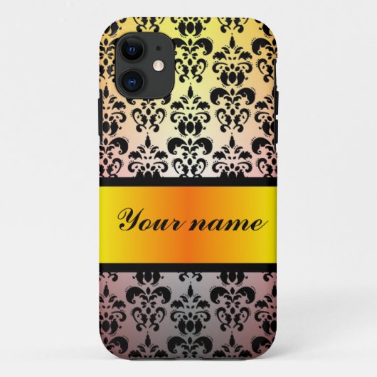 Coques Case-Mate iPhone Noir damassé & ruban orange or (Dos)