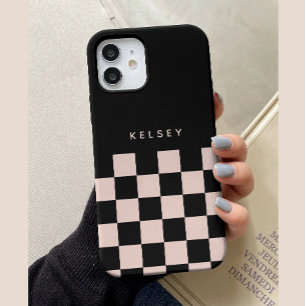 Coque Pour iPhone 15 Noir et À damiers de crème personnalisés