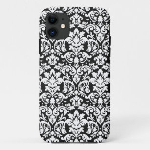 Coque iPhone 11 noir et blanc damassé fleurit