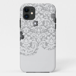 Coque iPhone 11 noir et blanc damassé fleurit