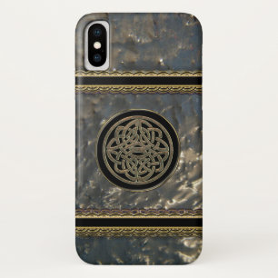 Coque iPhone X Noir et noeud celtique en métal d'or sur le cas d