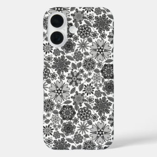 Coques iPhone 16 Noir gris blanc rétro Art Floral Motif sans coutur