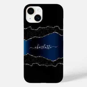 Coque Pour iPhone 14 Noir marine bleu argenté marbre nom script