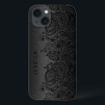 Coques Pour iPhone Noir métallique avec dentelle de marguerite noire<br><div class="desc">Style métallique gris foncé noir brossé avec dentelle en cachemire floral noir. monogramme personnalisable et optionnel</div>
