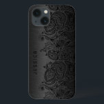 Coques Pour iPhone Noir métallique avec dentelle de marguerite noire<br><div class="desc">Style métallique gris foncé noir brossé avec dentelle en cachemire floral noir. monogramme personnalisable et optionnel</div>
