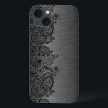 Coques Pour iPhone Noir métallique avec dentelle de marguerite noire<br><div class="desc">Style métallique gris foncé noir brossé avec dentelle en cachemire floral noir. monogramme personnalisable et optionnel</div>