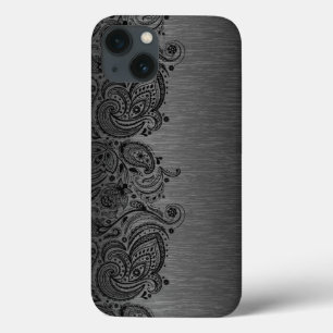 Coques Pour iPhone Noir métallique avec dentelle de marguerite noire