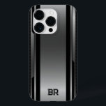 Coque Pour iPhone 14 Pro Noir & Métallurgique Conception géométrique Mascul<br><div class="desc">Image en argent métallique aux accents noirs,  design géométrique masculin. Texte personnalisable en noir</div>
