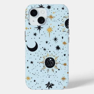 Coque Pour iPhone 15 Noir, Or et Bleu Soleil Lune Étoiles Célestes