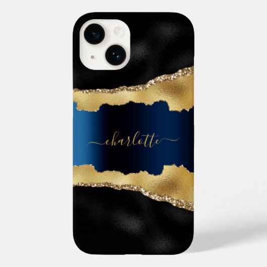 Coques Case-Mate iPhone Noir or marine bleu agate marbre nom script (Verso)