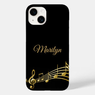 Coque Pour iPhone 14 Noir or notes monogramme