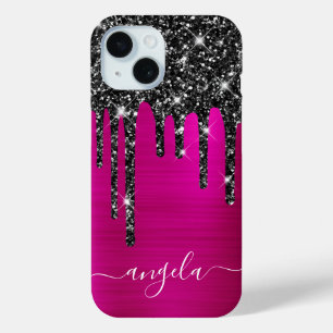 Coque Pour iPhone 15 Noir Parties scintillant Drivers Hot Pink Glam Sig