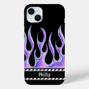 Coque iPhone 15 Mini Noir personnalisé avec flammes violettes 3D & Chro