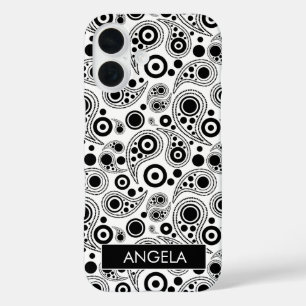 Coques iPhone 16 Noir sur cercle blanc points cachemire style motif