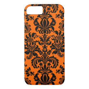 Coque iPhone 8/7 Noir Sur Orange Vintage Floral Damas