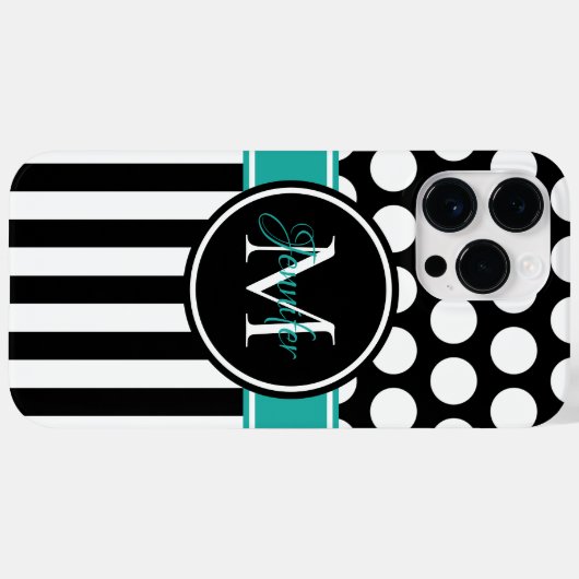 Coques Case-Mate iPhone Noir Turquoise Blanc Stripe Polka Monogramme (Verso (horizontal))