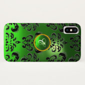 COQUES Case-Mate iPhone NOIR VERT DAMASK EMERALD GEM MONOGRAM (Dos (Horizontal))