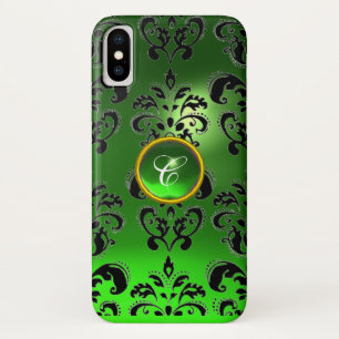 COQUES POUR iPhone NOIR VERT DAMASK EMERALD GEM MONOGRAM
