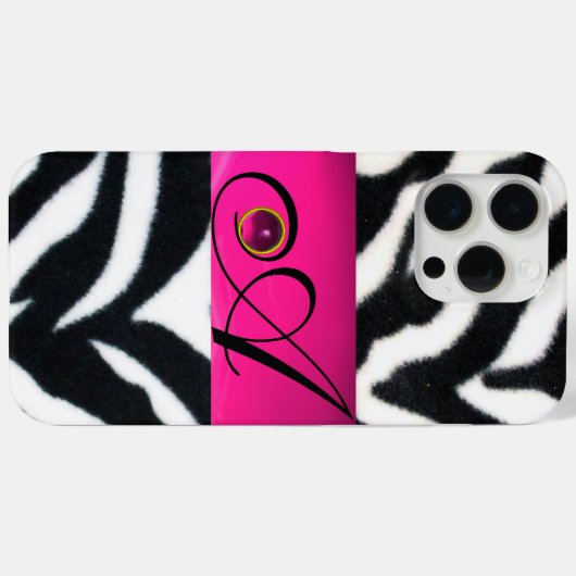 COQUES Case-Mate iPhone NOIR ZEBRA FUR FUCHSIA ROSE GEM MONOGRAM, (Verso (horizontal))