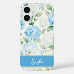 Coques iPhone 16 Nom Aquarelle Hydrangea Bleu