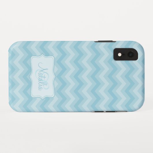 Coques Case-Mate iPhone Nom bleu à motif Zigzag initial (Dos (Horizontal))