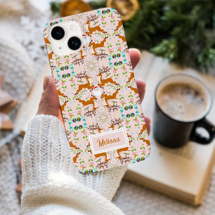 Coque Pour iPhone 14 Nom Christmas Reindees Pink Seamless Motif