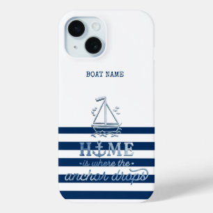 Coque Pour iPhone 15 Nom de bateau nautique, ancre rayée bleu marine