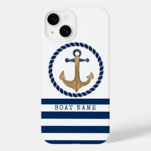 Coque Pour iPhone 14 Nom de bateau nautique, Ancre Rétro Bleu Marine