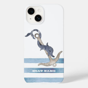 Coque Pour iPhone 14 Nom de bateau nautique, rayures de dauphin d'ancre