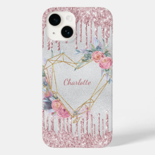 Coque Pour iPhone 14 Nom de coeur floral rose-rousse argenté
