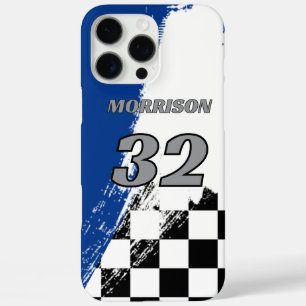 Coques iPhone 16 Pro Max Nom de course numéro bleu gris noir et blanc