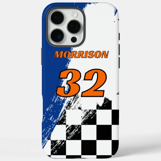 Coques Case-Mate iPhone Nom de course numéro bleu orange noir et blanc (Verso)