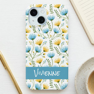 Coque Pour iPhone 15 Nom de fleur sauvage aquarelle bleu jaune