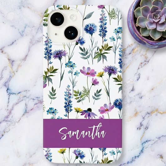 Coques Case-Mate iPhone Nom de fleur sauvage aquarelle bleu violet