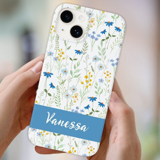 Coques Case-Mate iPhone Nom de fleur sauvage aquarelle bleue