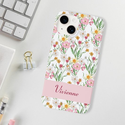 Coques Case-Mate iPhone Nom de fleur sauvage aquarelle rose vert