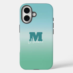 Coques iPhone 16 Nom de monogramme à dégradé de eaux tropicales
