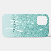 Coques Case-Mate iPhone Nom de monogramme pailleté sarcelle féminin (Verso (horizontal))