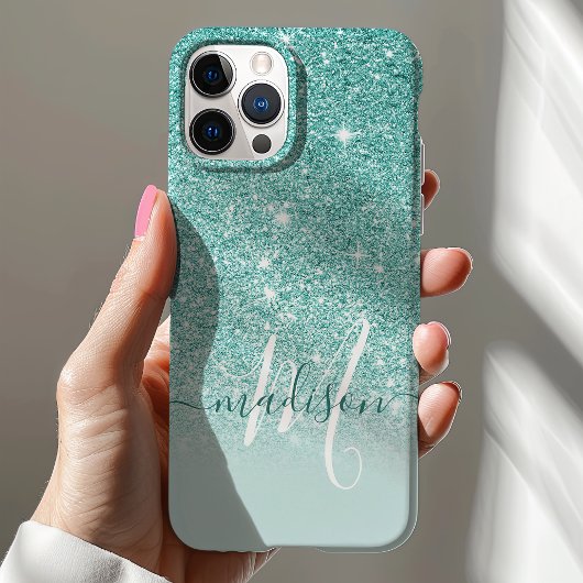 Coques Case-Mate iPhone Nom de monogramme pailleté sarcelle féminin