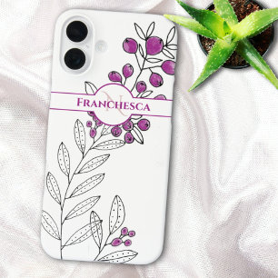 Coques iPhone 16 Plus Nom de monogramme personnalisé Feuilles Purple Ber