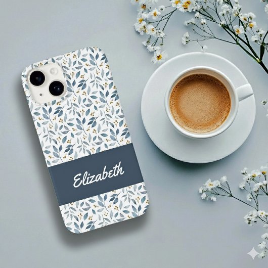 Coques Case-Mate iPhone Nom de motif botanique à l'aquarelle bleue