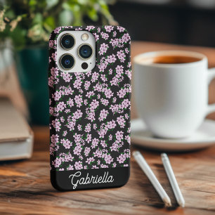 Coque Pour iPhone 14 Nom de motif floral de fleur de cerisier rose