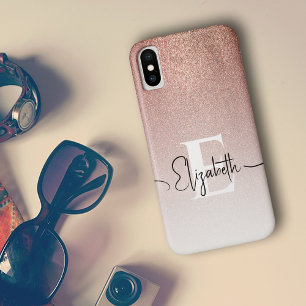 Coque Pour iPhone 14 Nom de script de monogramme pailleté or rose tenda