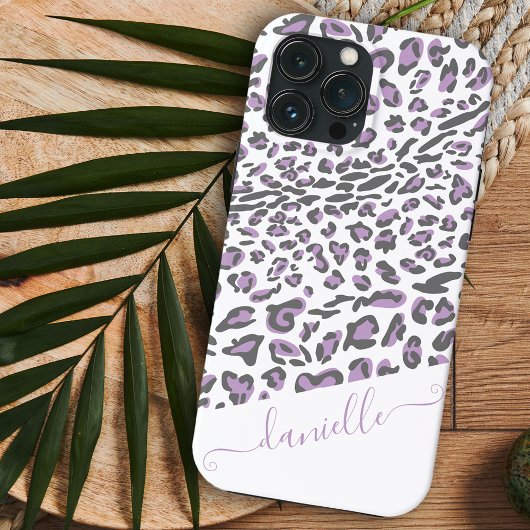 Coques Case-Mate iPhone Nom de script élégant lilas gris imprimé léopard