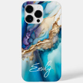 Coques Case-Mate iPhone Nom de script Marbre Bleu Aqua Or (Verso)
