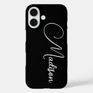Coques iPhone 16 Nom de script minimaliste noir personnalisé