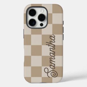 Coques iPhone 16 Pro Nom de script Taupe Beige Checkers