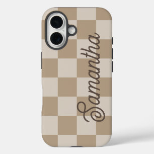 Coques iPhone 16 Nom de script Taupe Beige Checkers